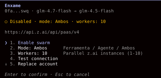 Menu do modo Enxame